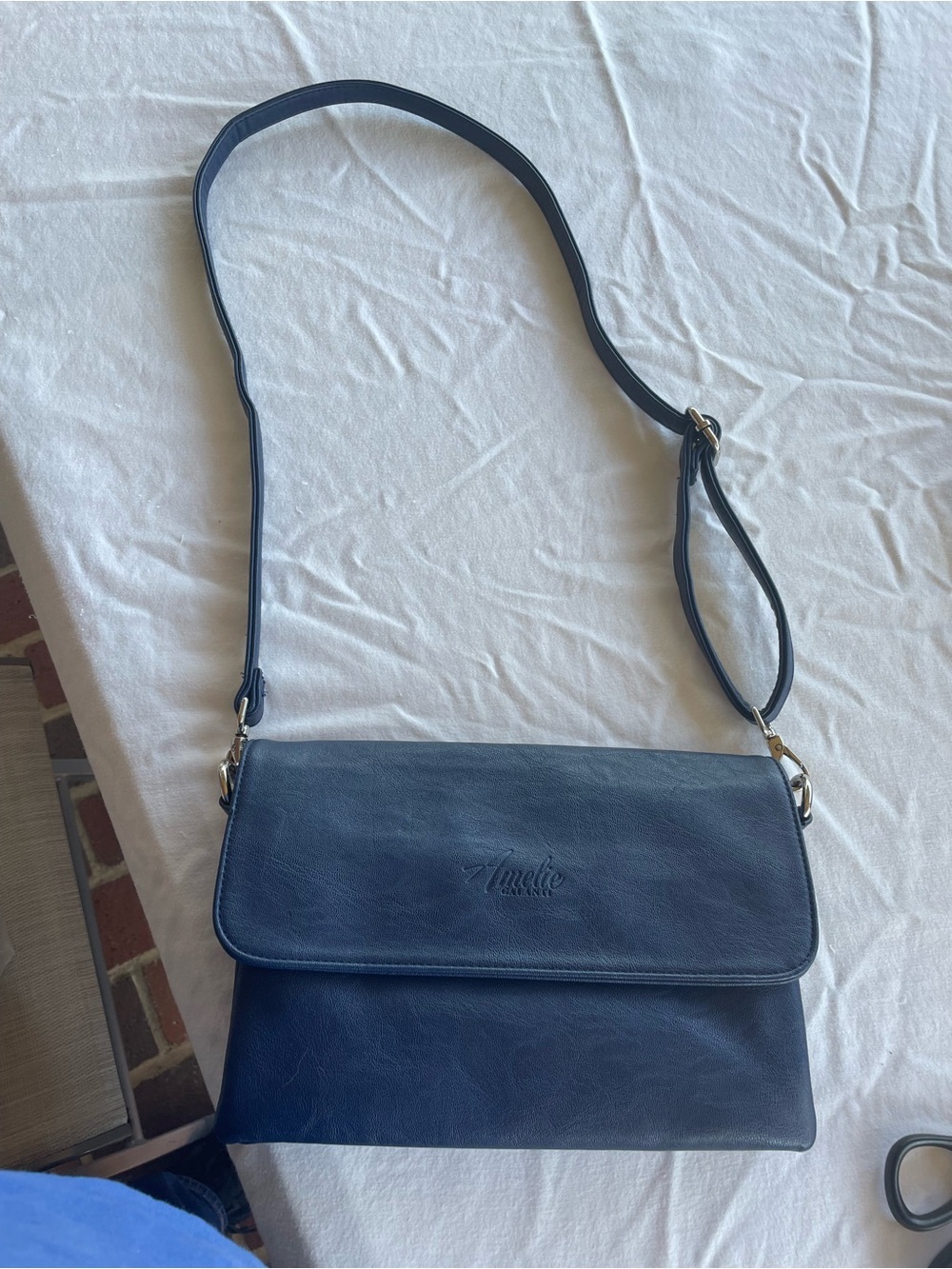 Amelie Galanti Navy Foldover Crossbody Clutch Purse Minimalist Chic Bag EUC